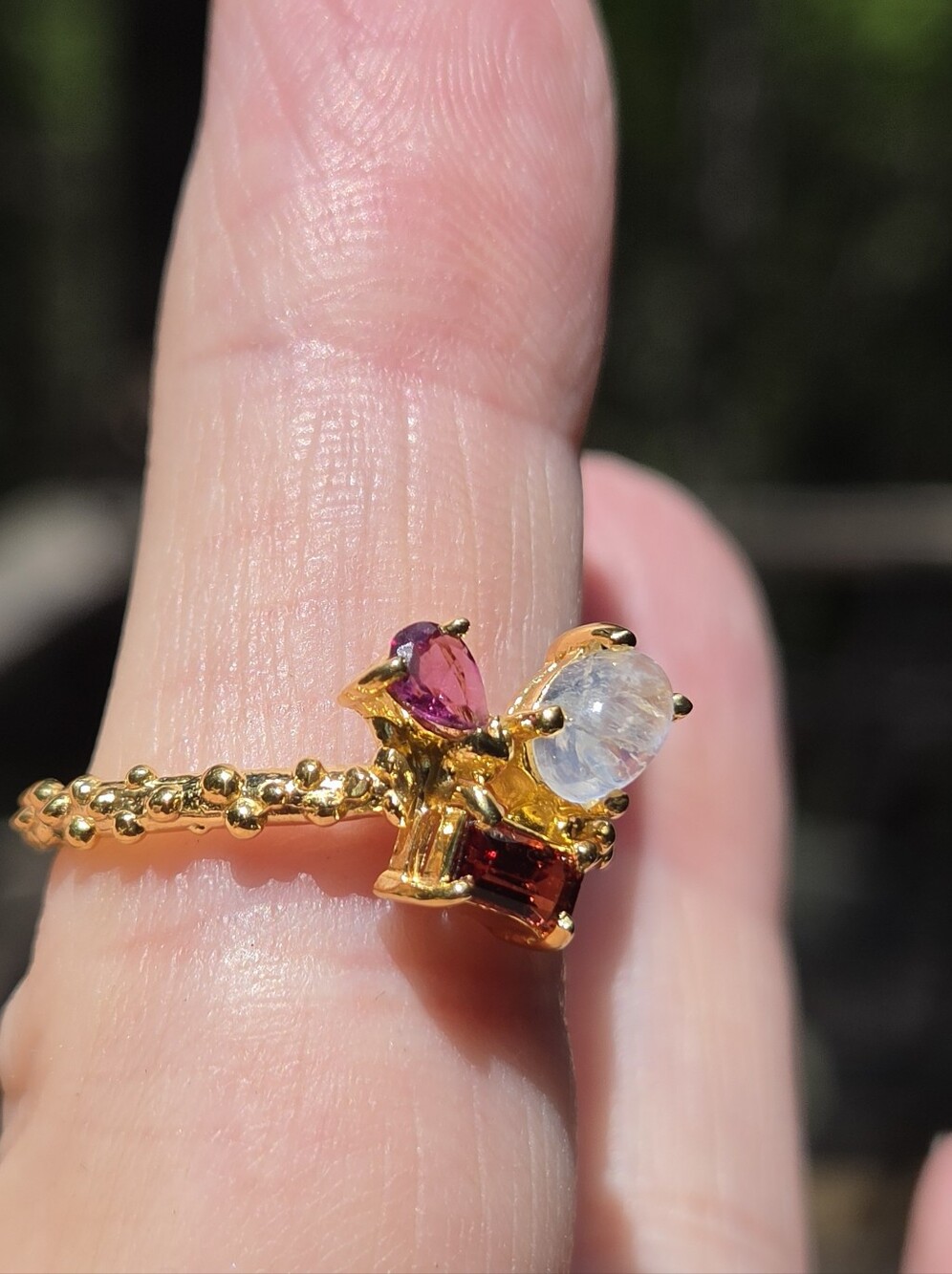 Moonstone Garnet & Rhodolite Sterling & Gold Ring Sz6.5 - Picture 6 of 8